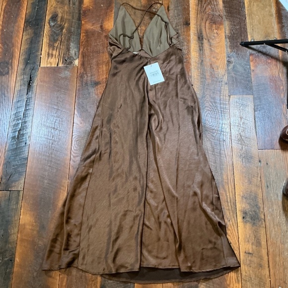 Hello Molly Satin Slip Midi Dress Brown Spaghetti Strap Slit Size 8 - Picture 7 of 7